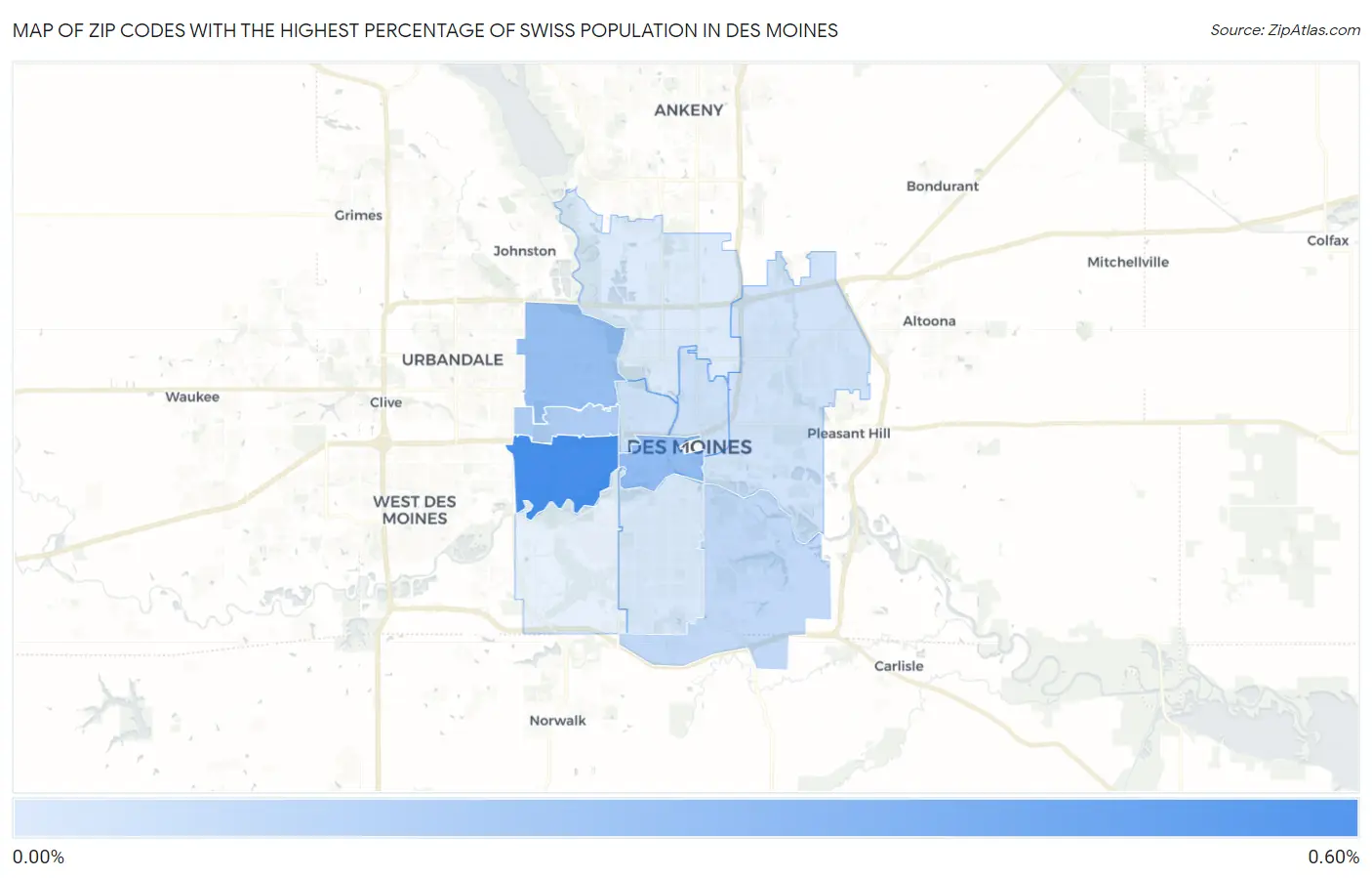 Zip Codes with the Highest Percentage of Swiss Population in Des Moines Map