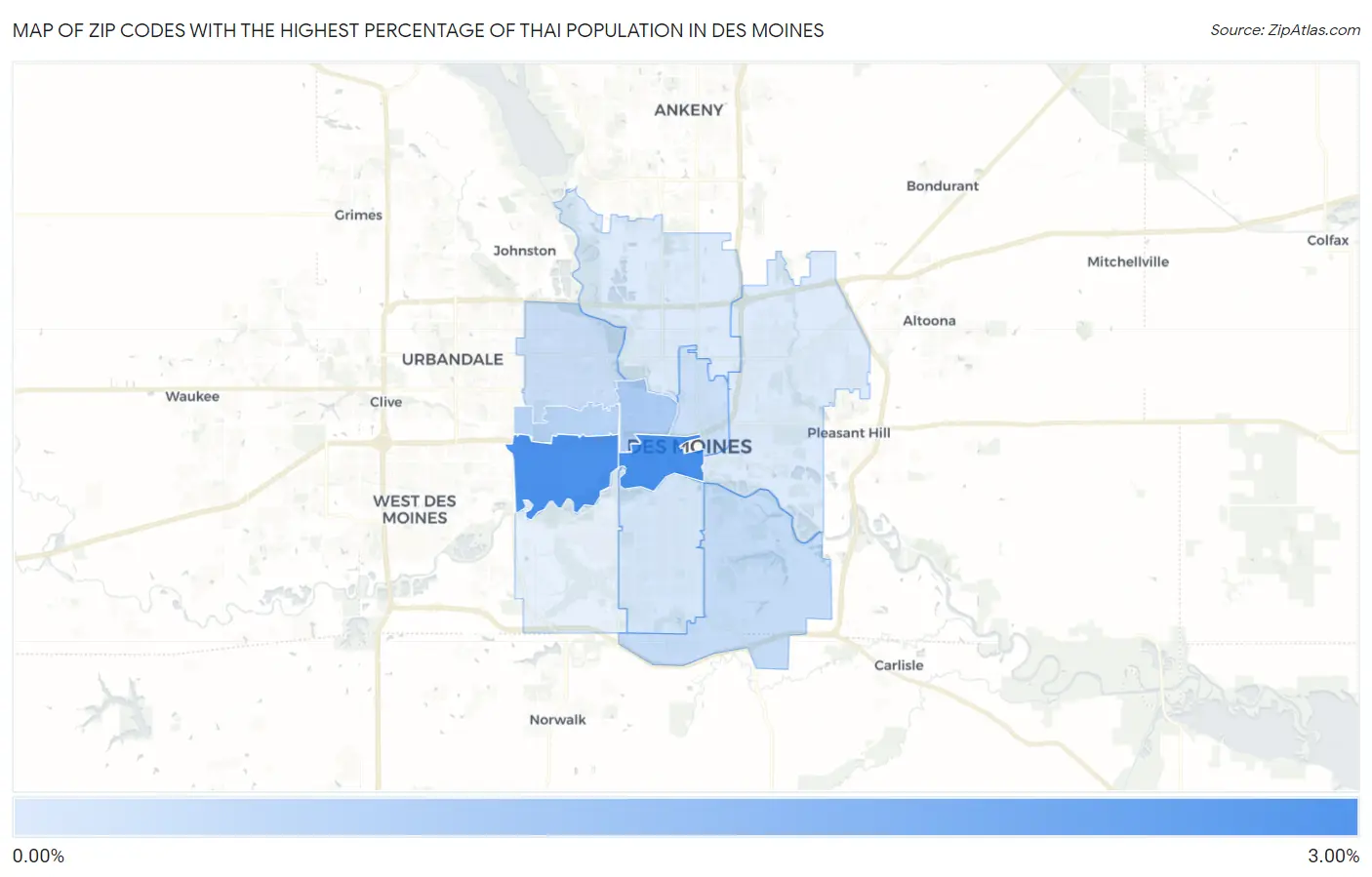 Zip Codes with the Highest Percentage of Thai Population in Des Moines Map