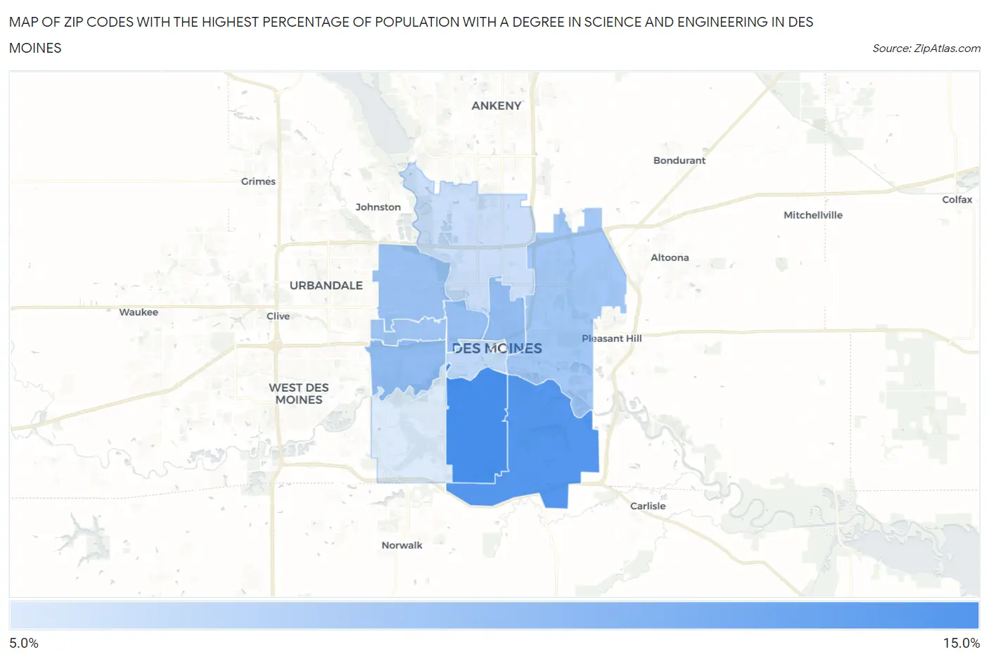 Zip Codes with the Highest Percentage of Population with a Degree in Science and Engineering in Des Moines Map