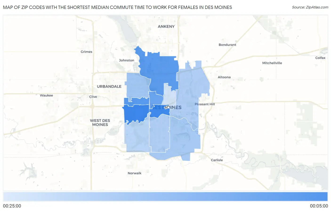 Zip Codes with the Shortest Median Commute Time to Work for Females in Des Moines Map
