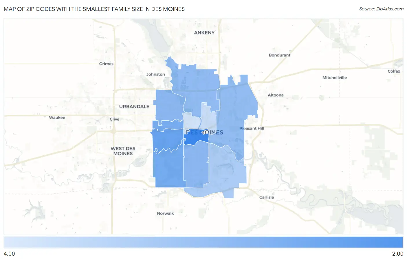 Zip Codes with the Smallest Family Size in Des Moines Map