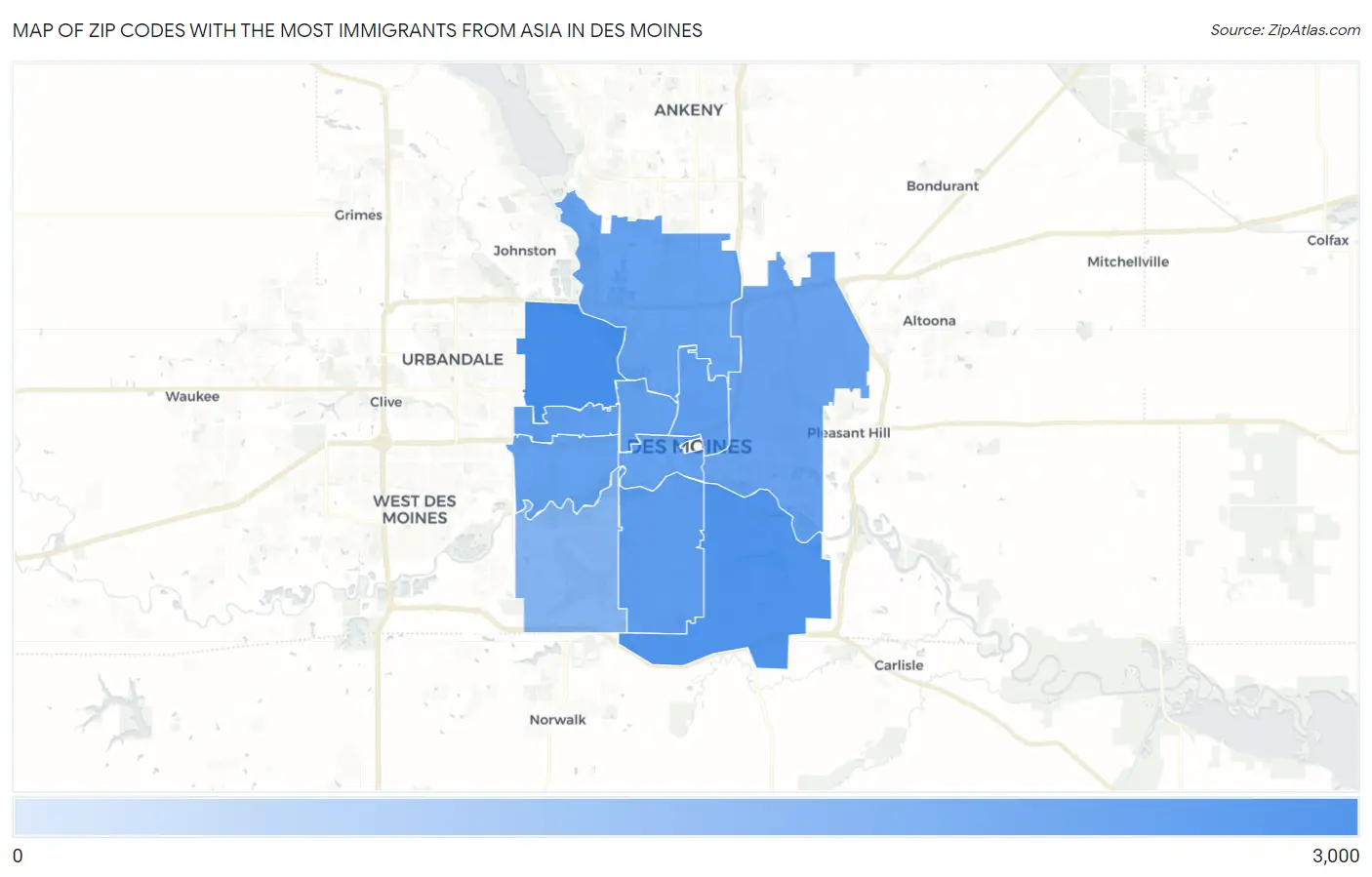 Zip Codes with the Most Immigrants from Asia in Des Moines Map