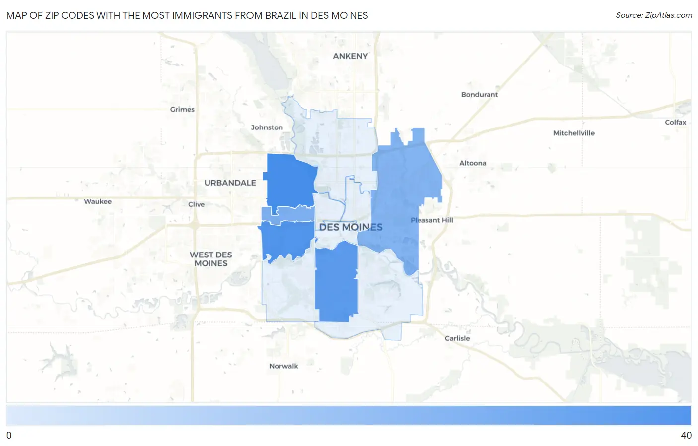 Zip Codes with the Most Immigrants from Brazil in Des Moines Map
