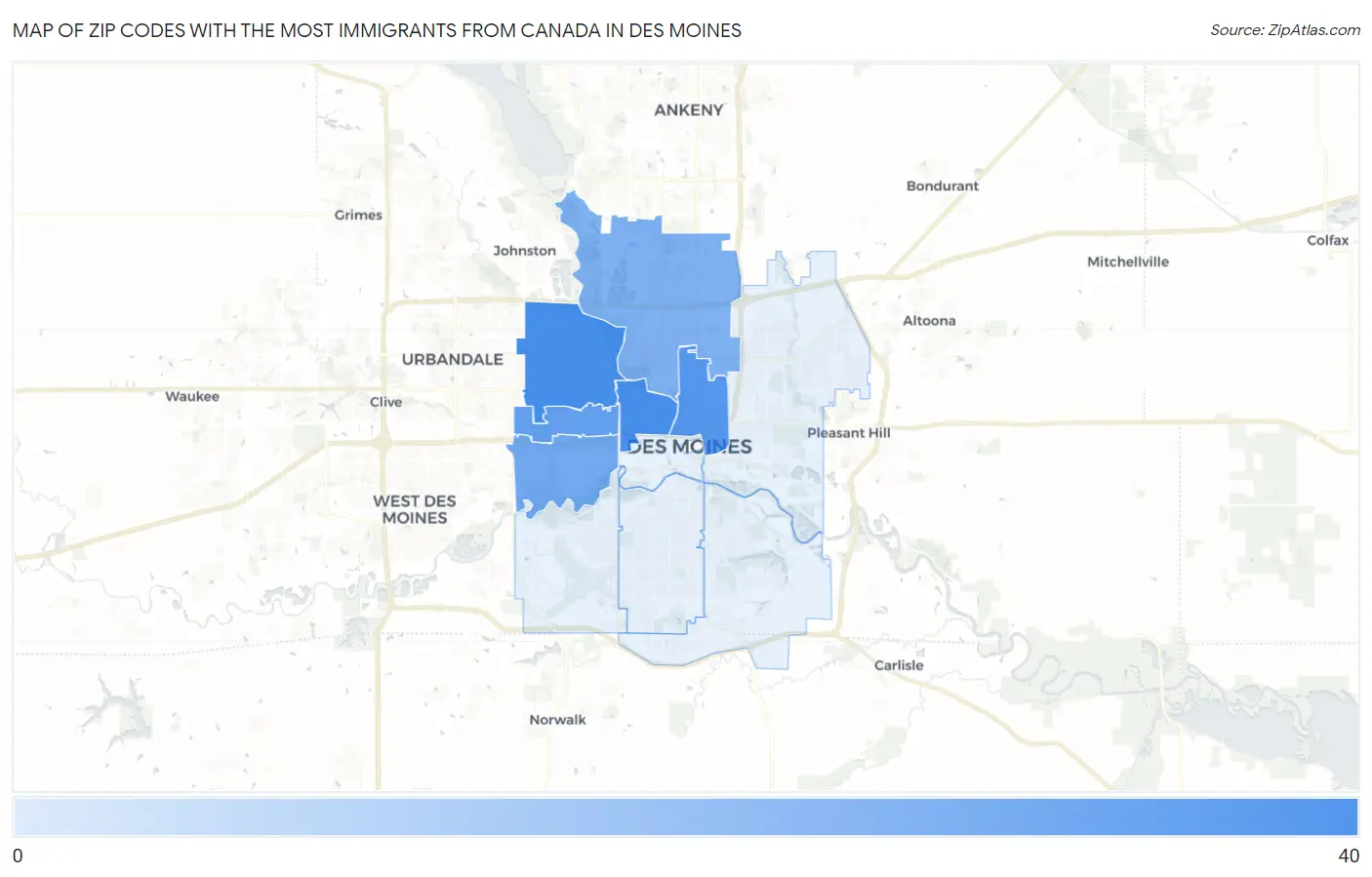 Zip Codes with the Most Immigrants from Canada in Des Moines Map
