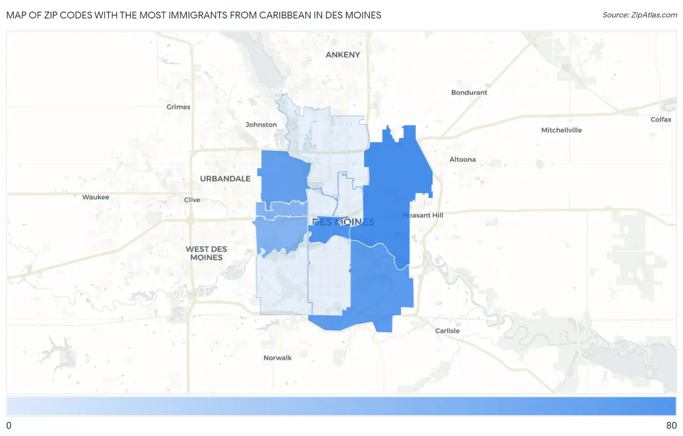 Zip Codes with the Most Immigrants from Caribbean in Des Moines Map