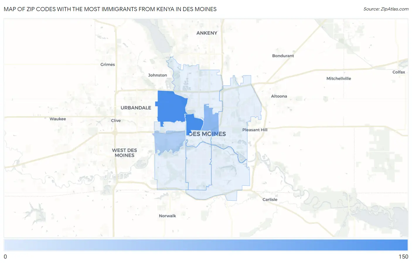 Zip Codes with the Most Immigrants from Kenya in Des Moines Map