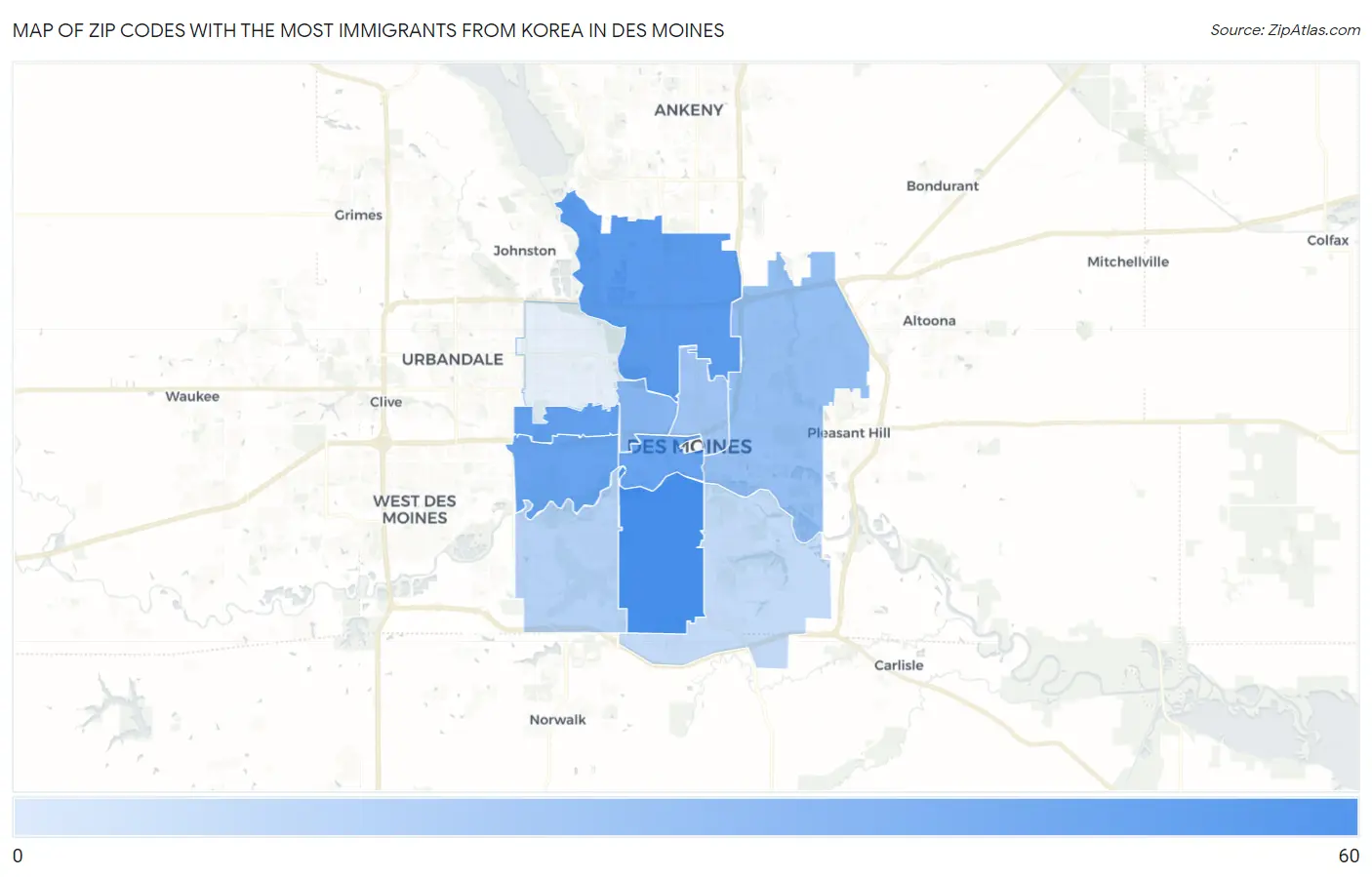 Zip Codes with the Most Immigrants from Korea in Des Moines Map