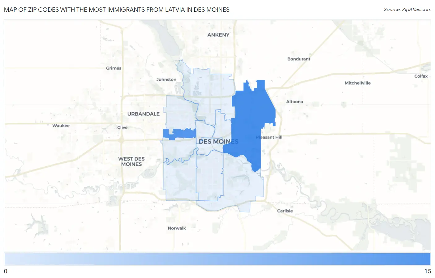 Zip Codes with the Most Immigrants from Latvia in Des Moines Map