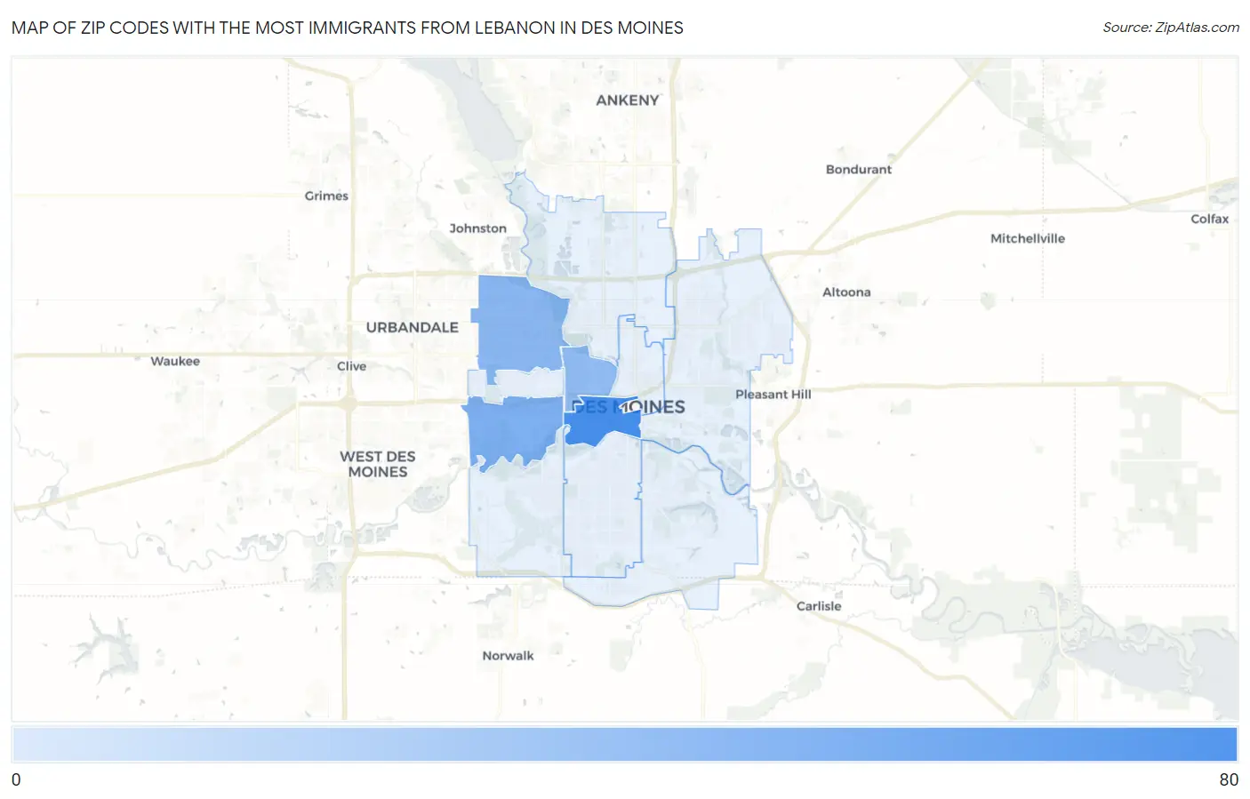 Zip Codes with the Most Immigrants from Lebanon in Des Moines Map