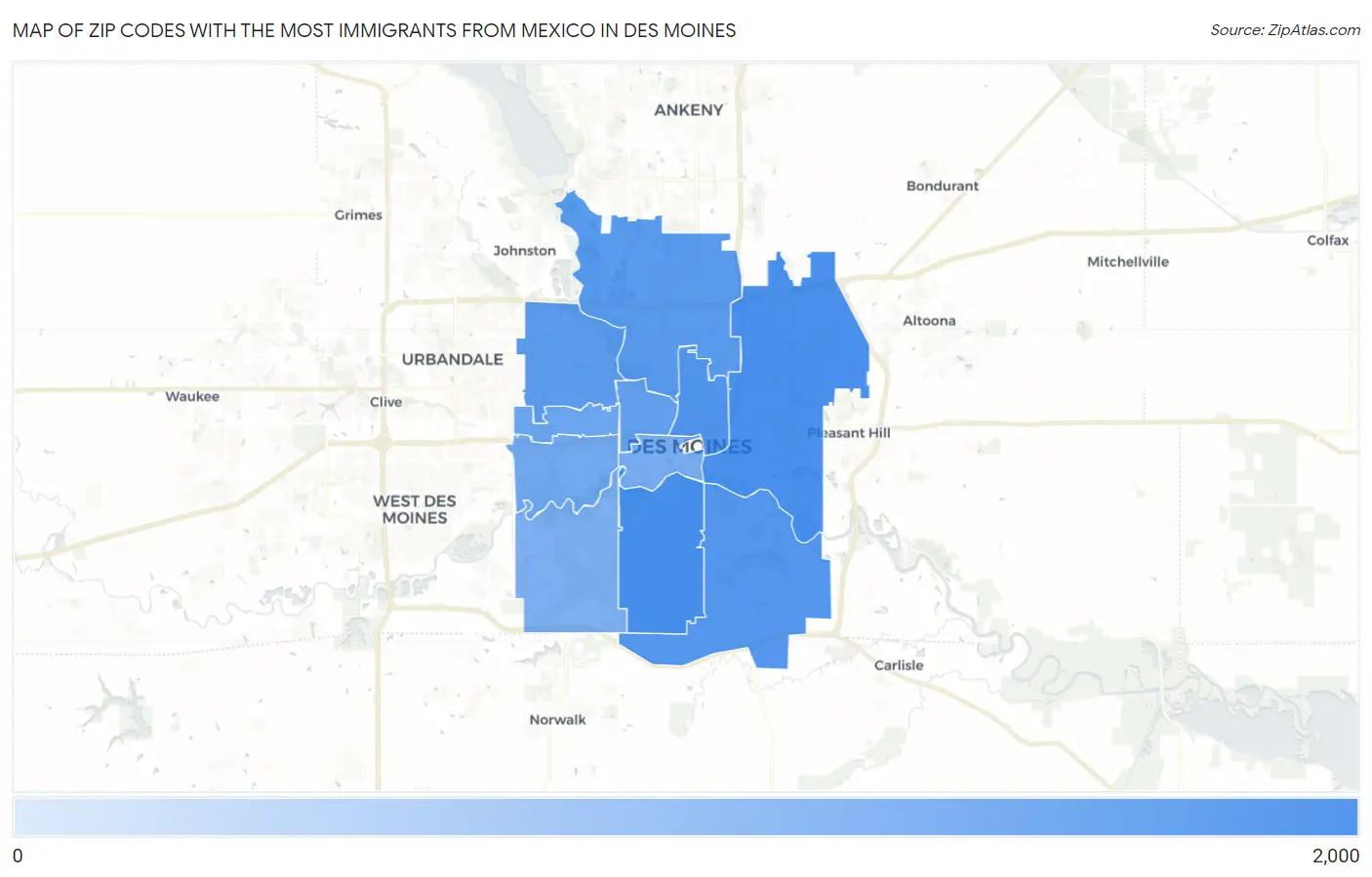 Zip Codes with the Most Immigrants from Mexico in Des Moines Map