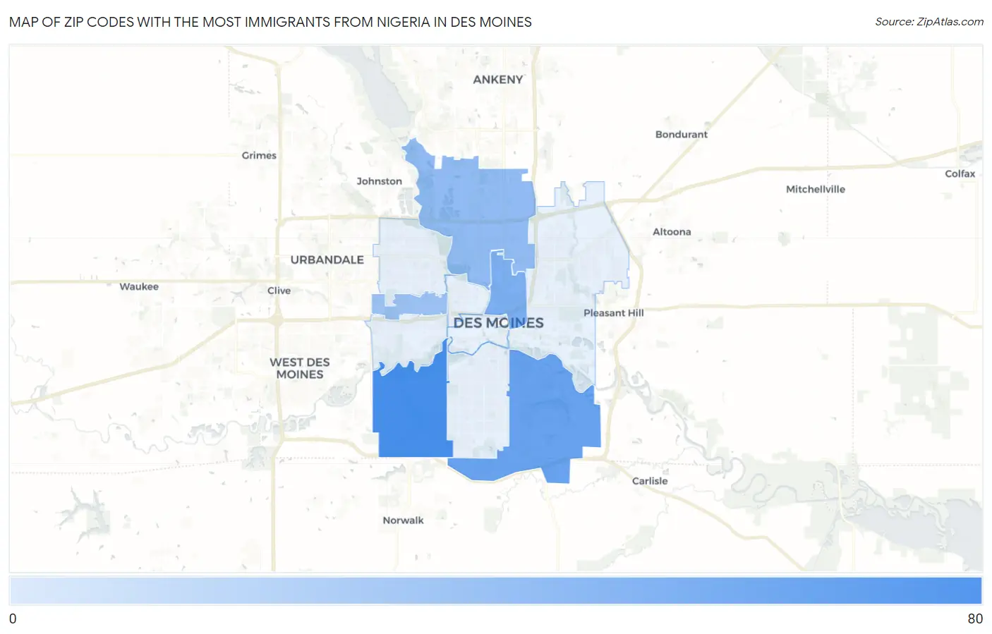 Zip Codes with the Most Immigrants from Nigeria in Des Moines Map