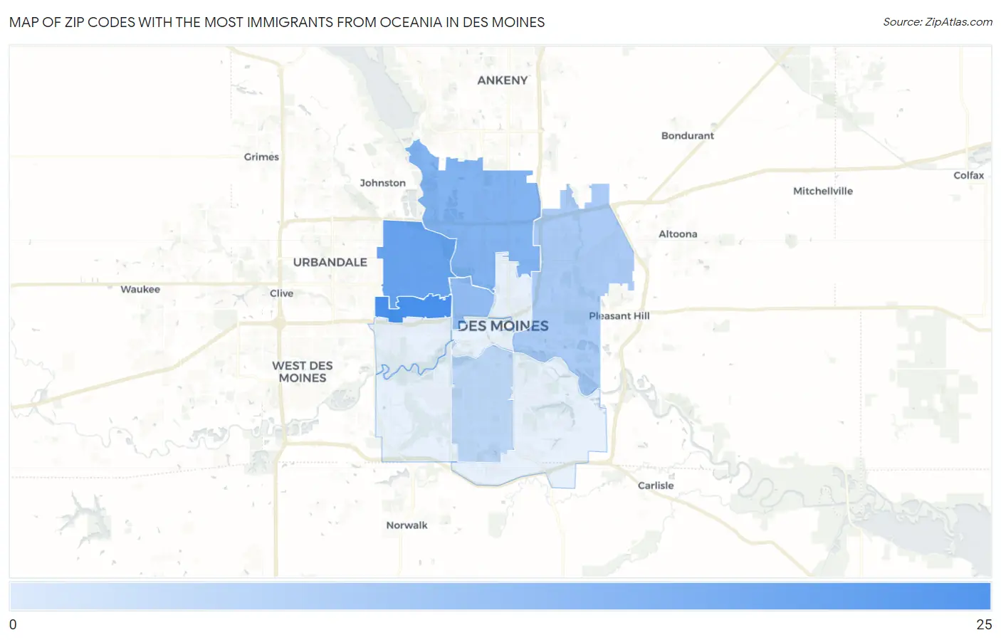 Zip Codes with the Most Immigrants from Oceania in Des Moines Map