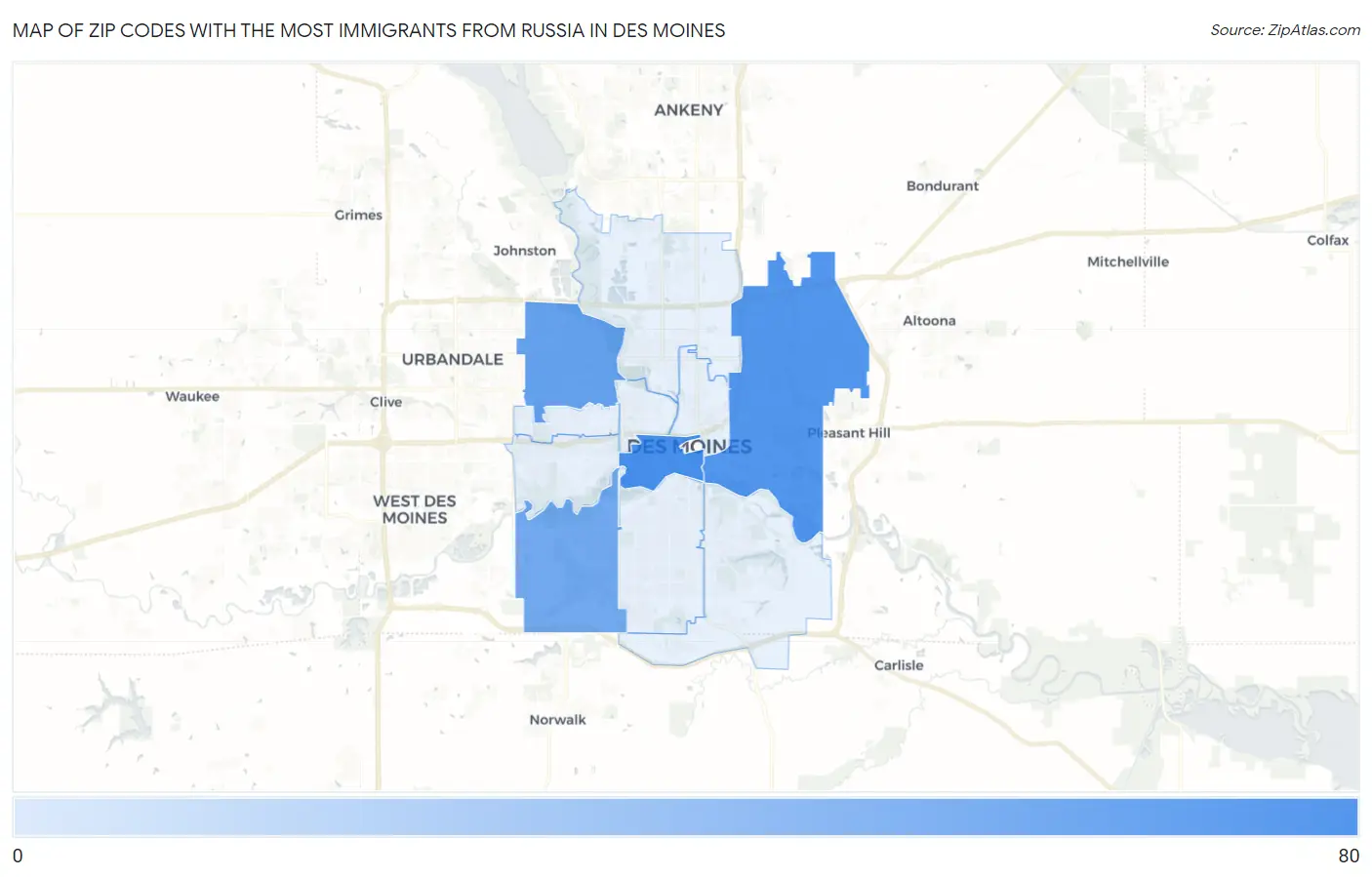 Zip Codes with the Most Immigrants from Russia in Des Moines Map