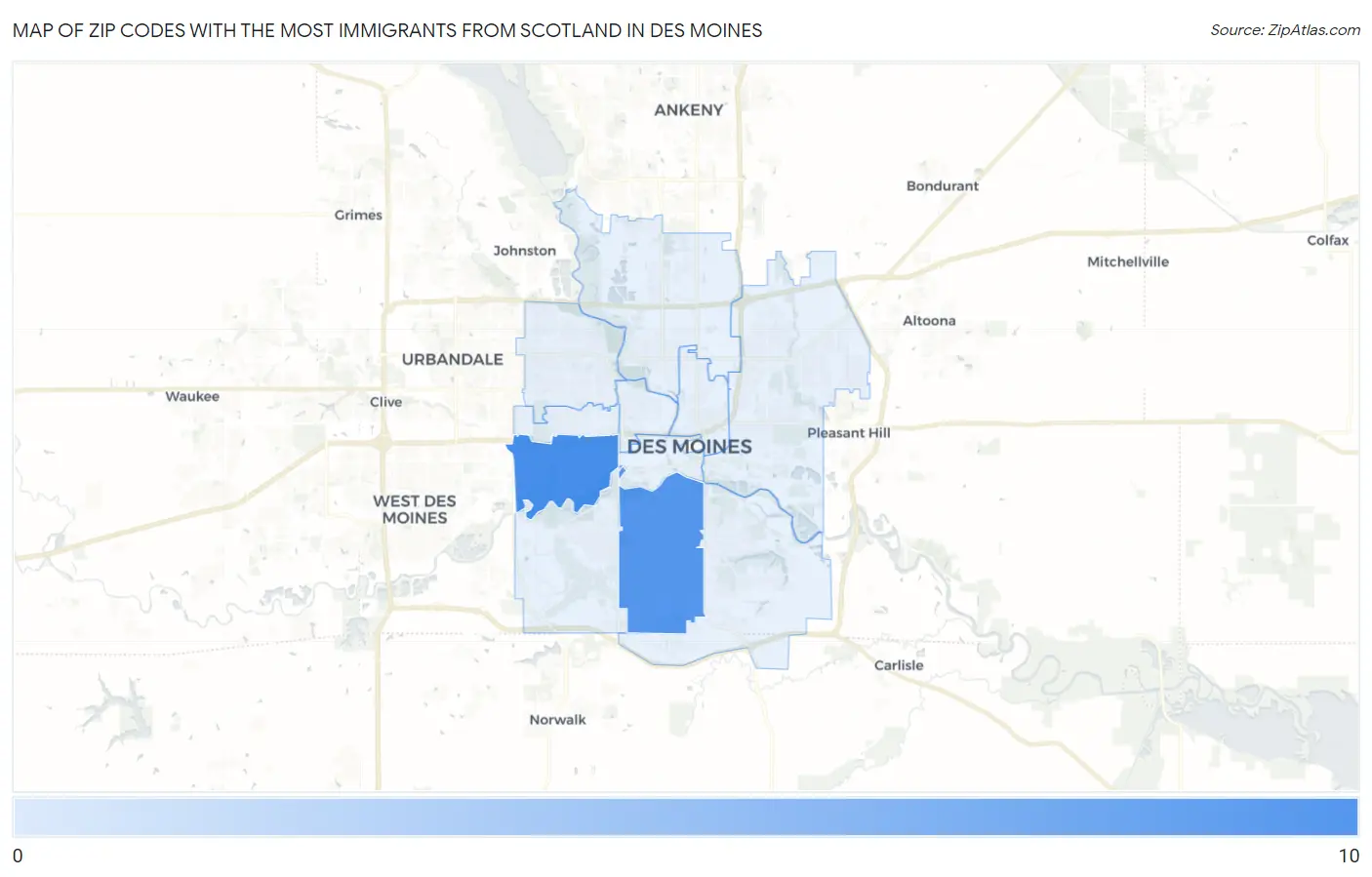 Zip Codes with the Most Immigrants from Scotland in Des Moines Map