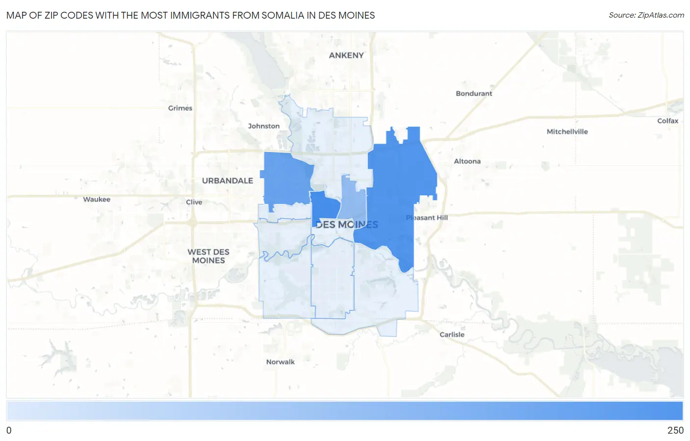 Zip Codes with the Most Immigrants from Somalia in Des Moines Map
