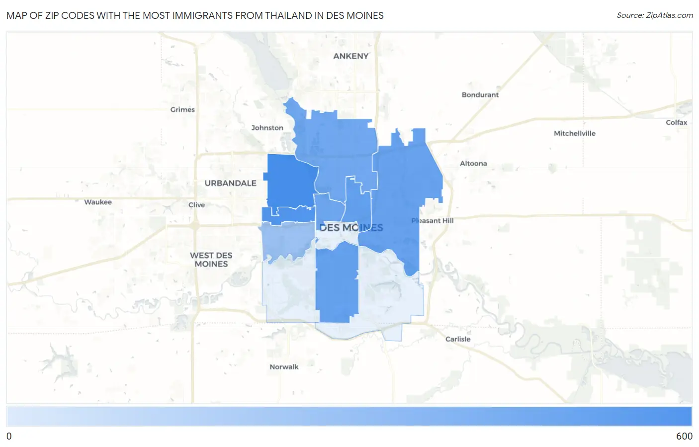 Zip Codes with the Most Immigrants from Thailand in Des Moines Map