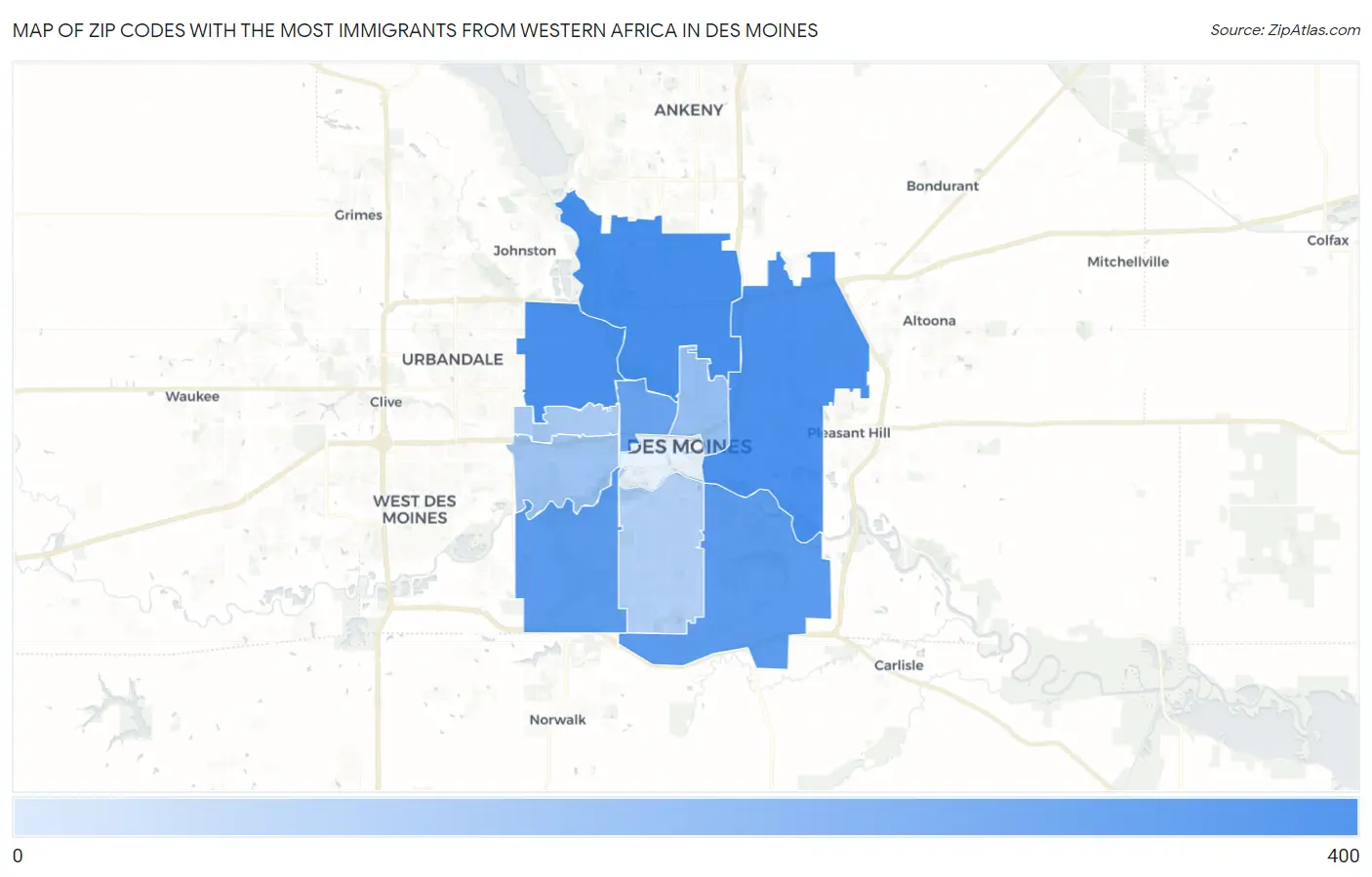 Zip Codes with the Most Immigrants from Western Africa in Des Moines Map