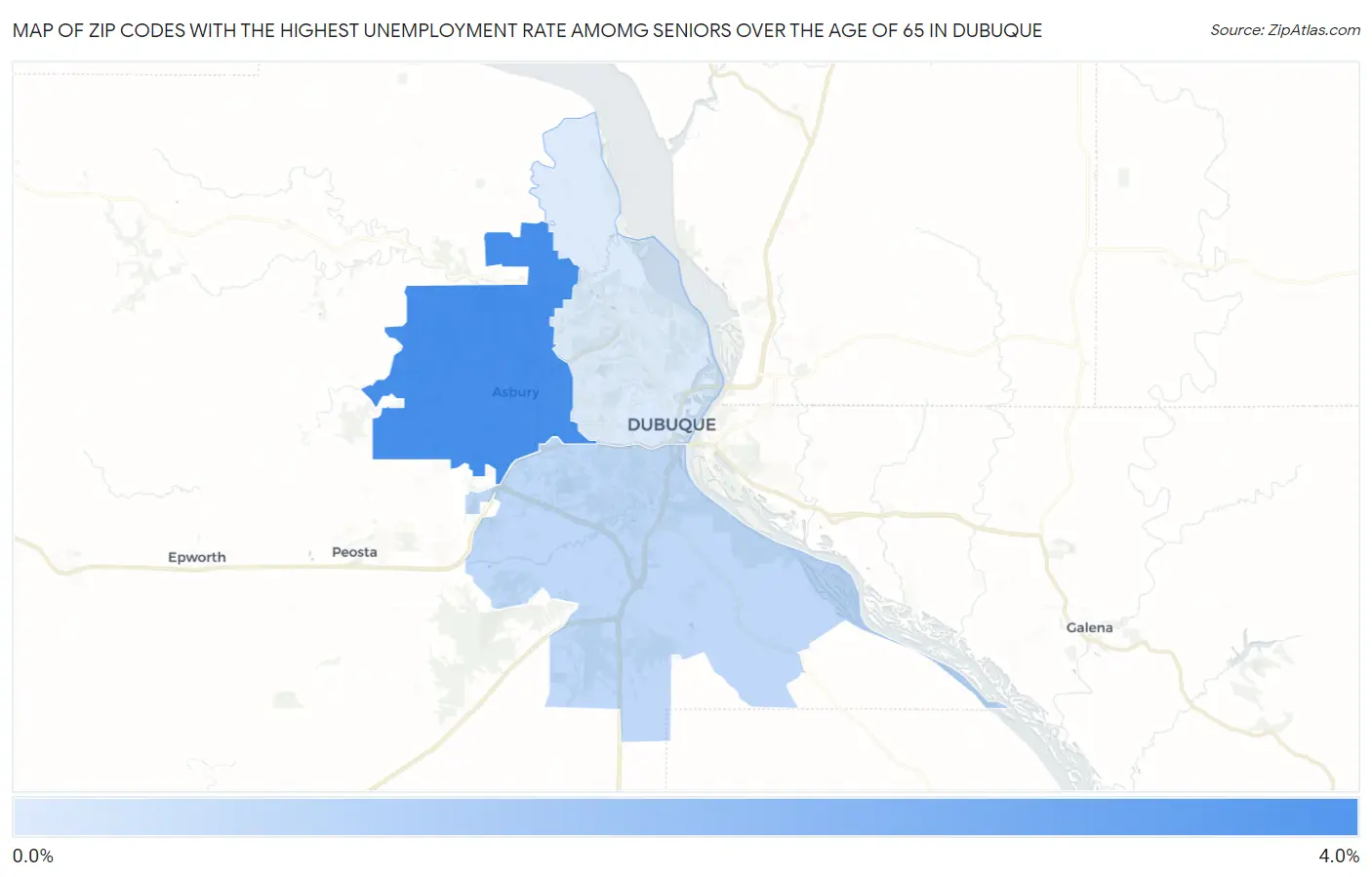 Zip Codes with the Highest Unemployment Rate Amomg Seniors Over the Age of 65 in Dubuque Map
