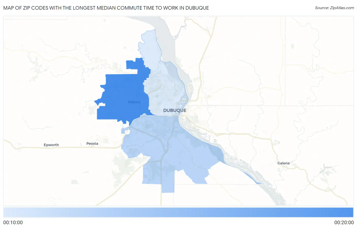 Zip Codes with the Longest Median Commute Time to Work in Dubuque Map