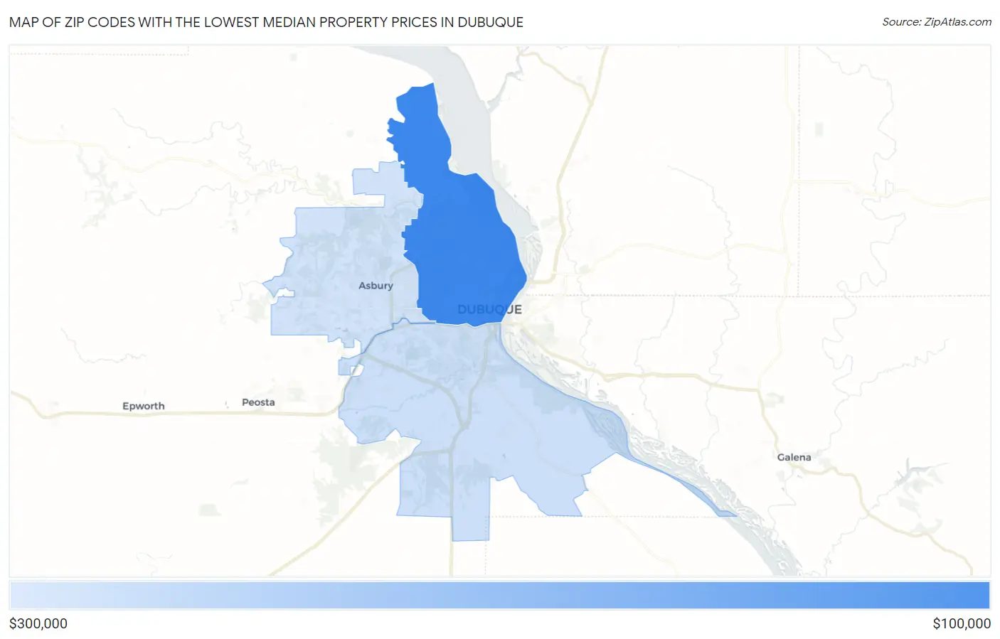 Zip Codes with the Lowest Median Property Prices in Dubuque Map