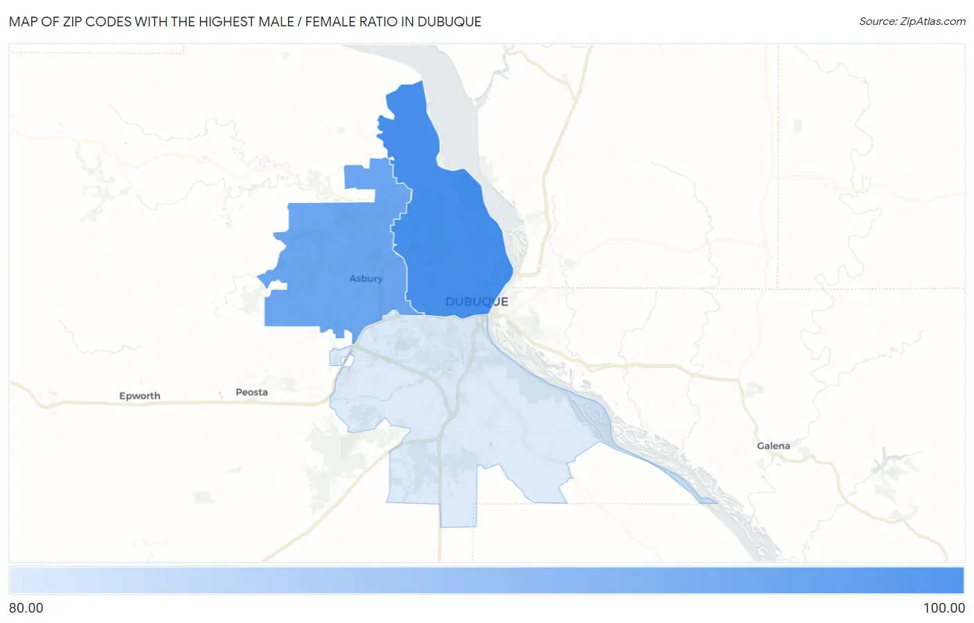 Zip Codes with the Highest Male / Female Ratio in Dubuque Map