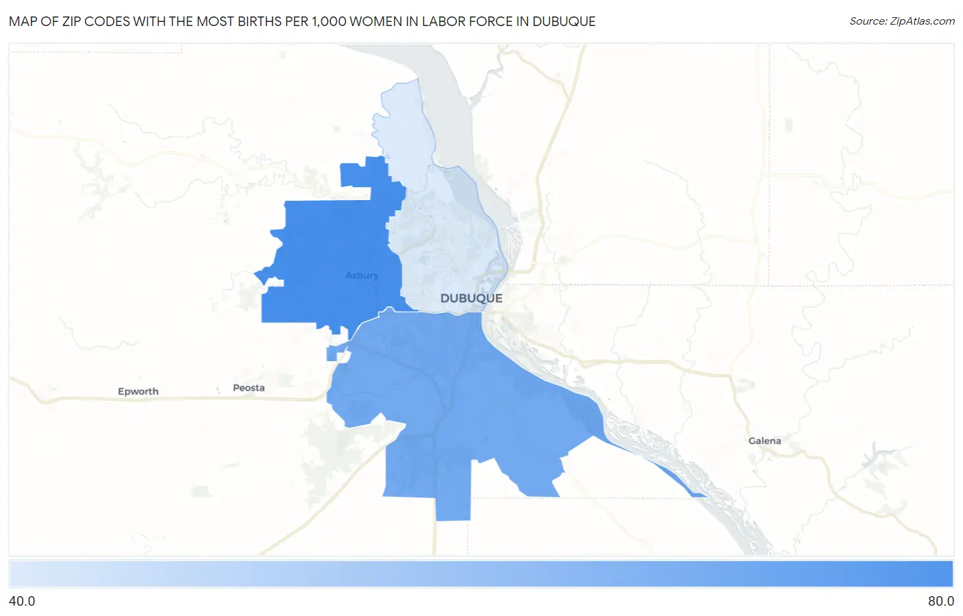 Zip Codes with the Most Births per 1,000 Women in Labor Force in Dubuque Map