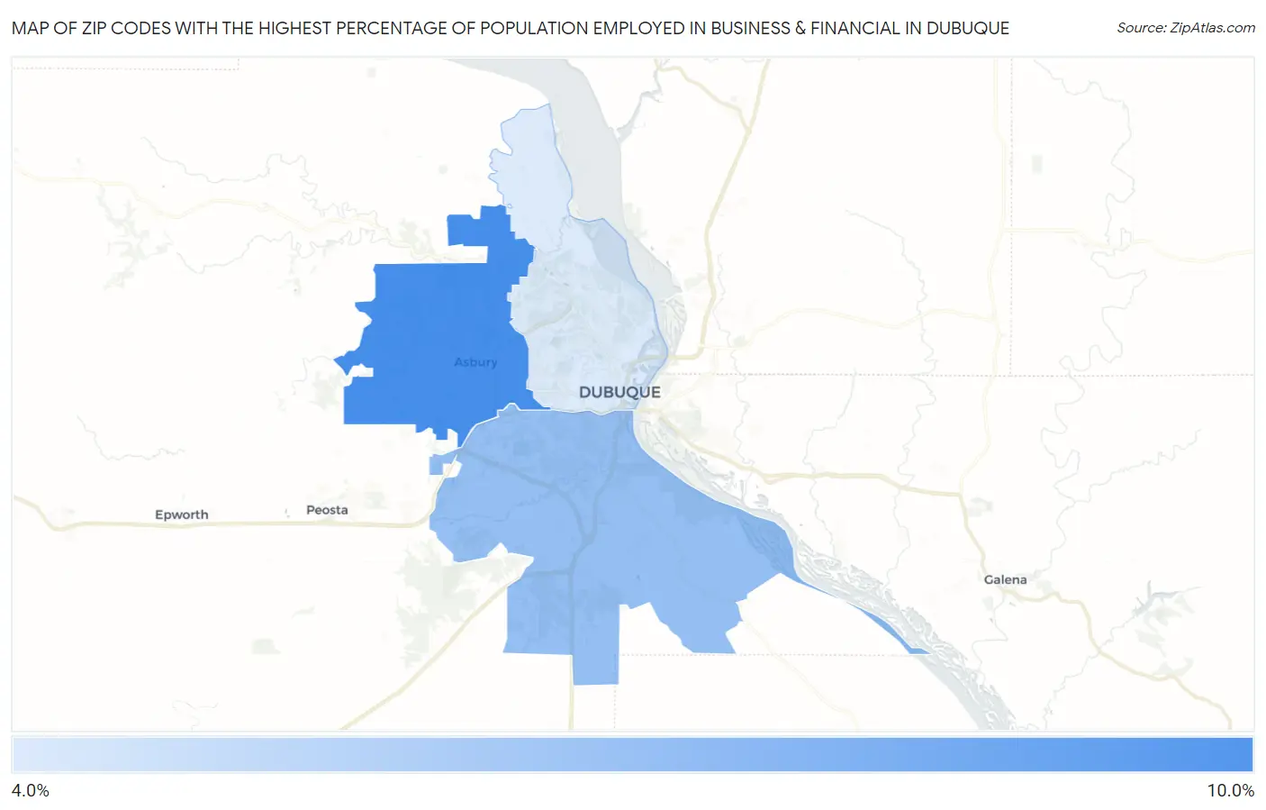 Zip Codes with the Highest Percentage of Population Employed in Business & Financial in Dubuque Map