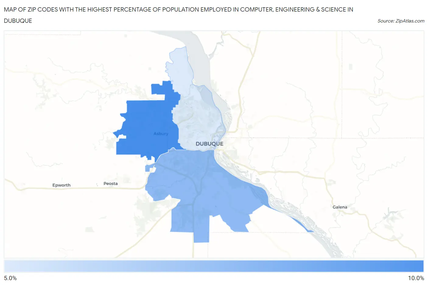 Zip Codes with the Highest Percentage of Population Employed in Computer, Engineering & Science in Dubuque Map