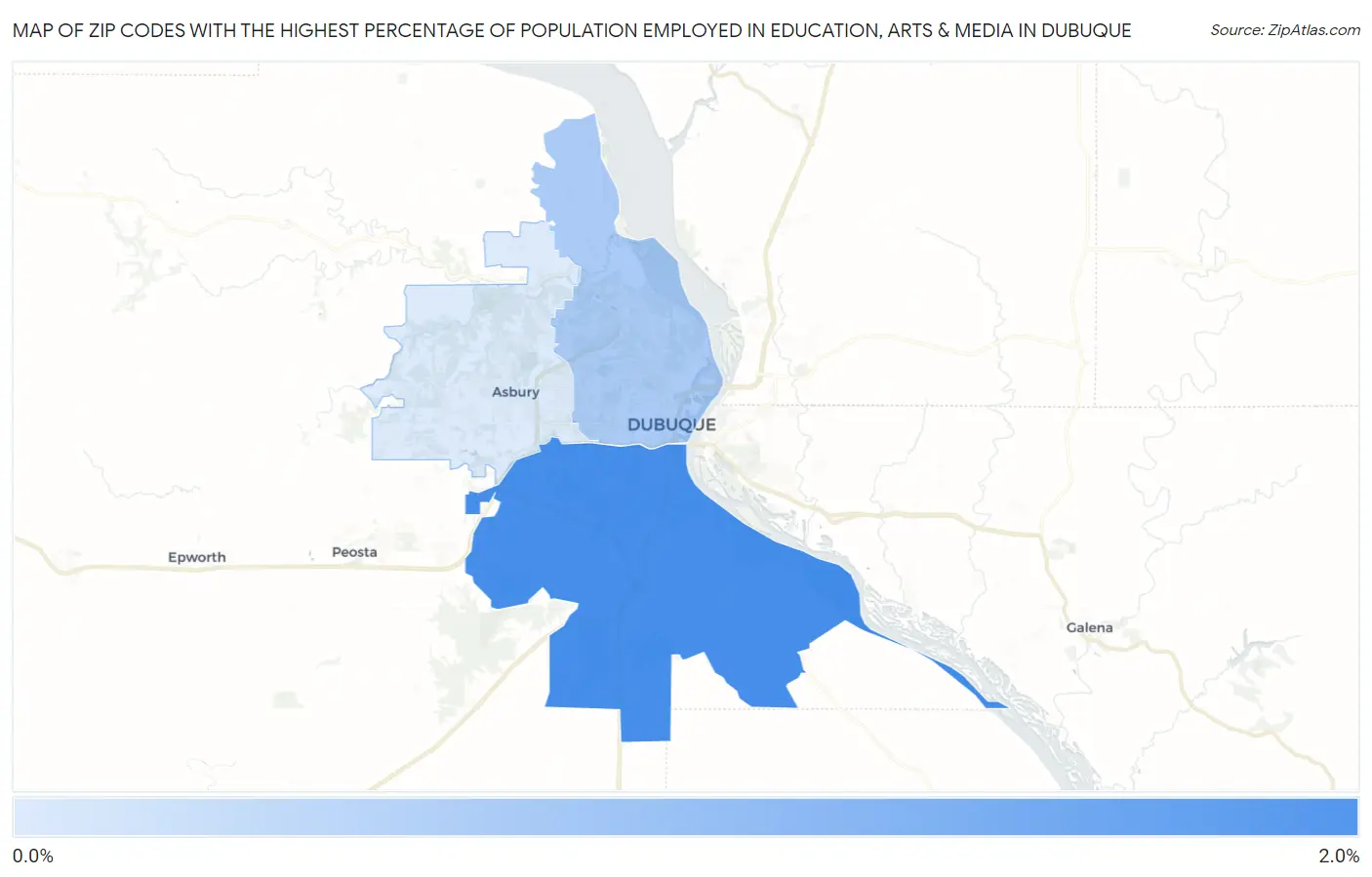 Zip Codes with the Highest Percentage of Population Employed in Education, Arts & Media in Dubuque Map