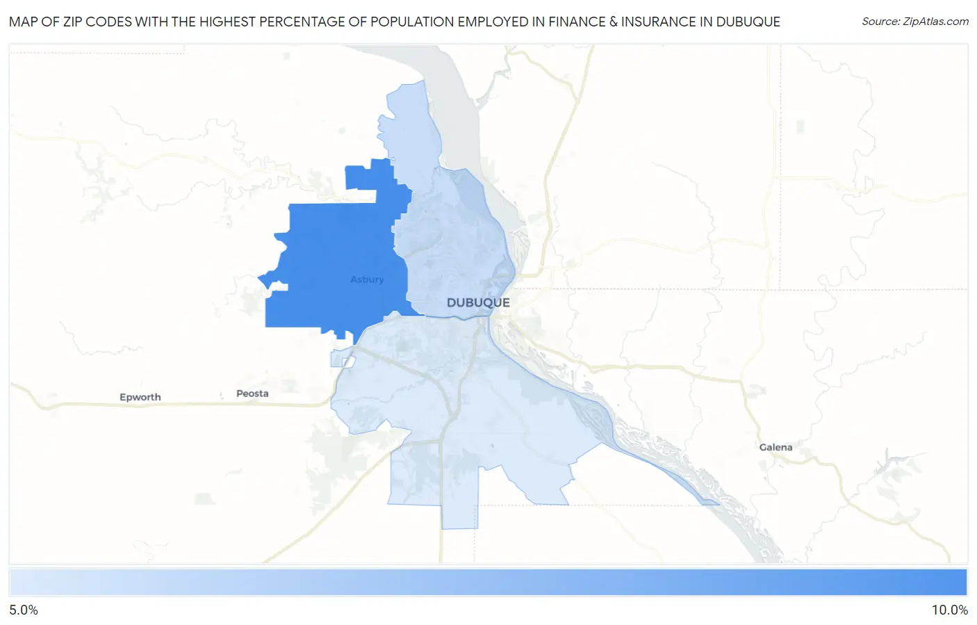 Zip Codes with the Highest Percentage of Population Employed in Finance & Insurance in Dubuque Map