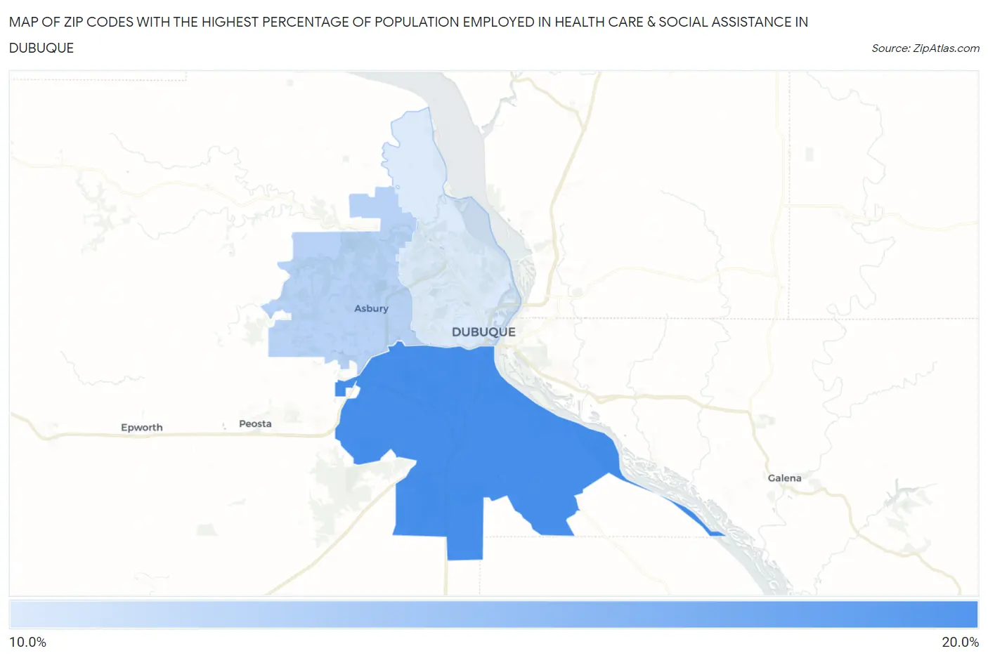 Zip Codes with the Highest Percentage of Population Employed in Health Care & Social Assistance in Dubuque Map