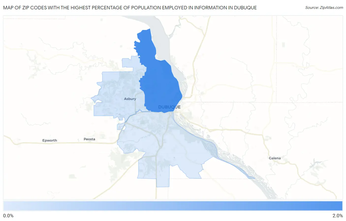 Zip Codes with the Highest Percentage of Population Employed in Information in Dubuque Map