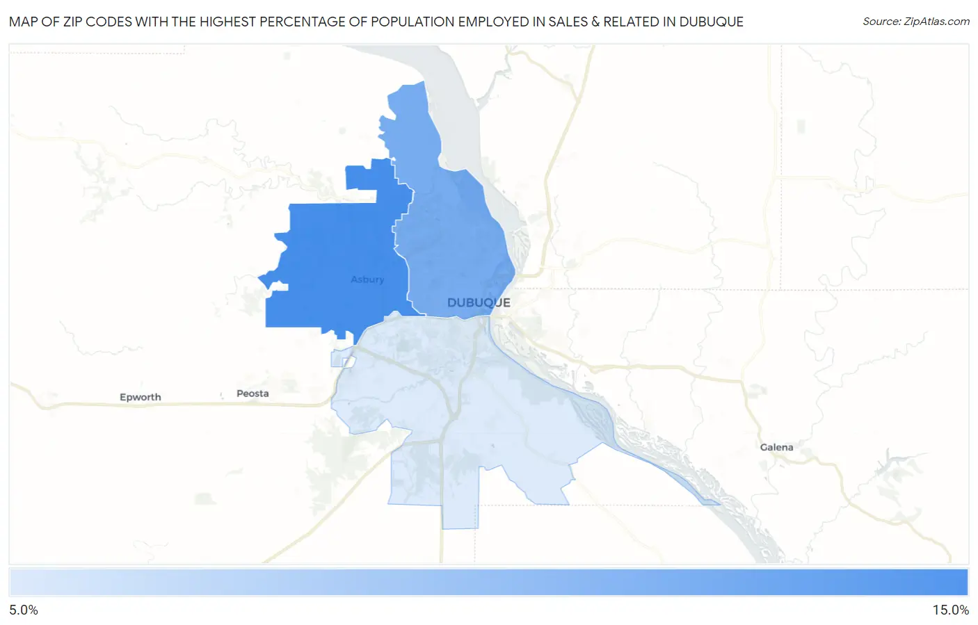 Zip Codes with the Highest Percentage of Population Employed in Sales & Related in Dubuque Map