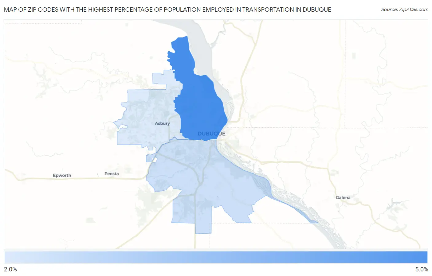 Zip Codes with the Highest Percentage of Population Employed in Transportation in Dubuque Map
