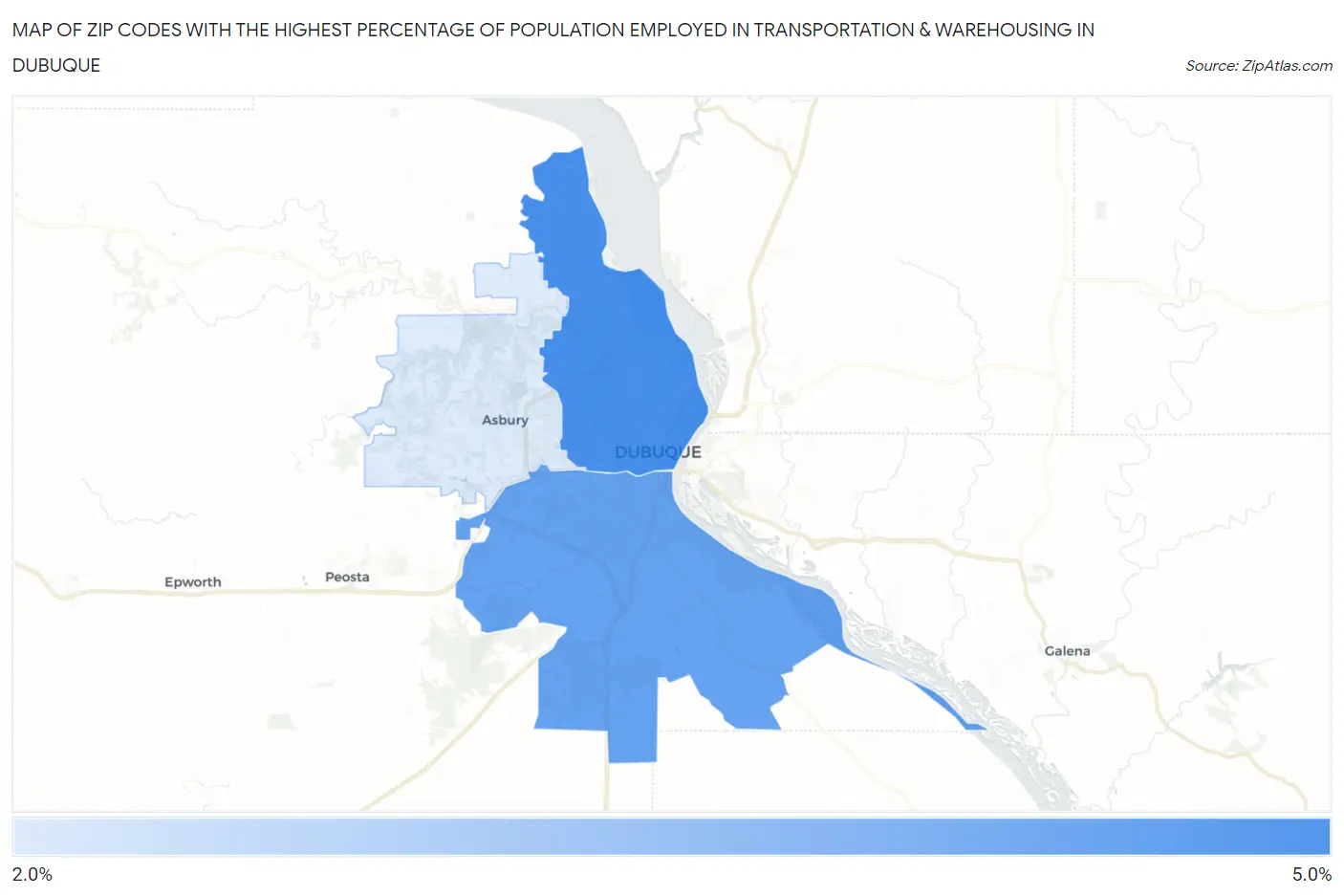 Zip Codes with the Highest Percentage of Population Employed in Transportation & Warehousing in Dubuque Map
