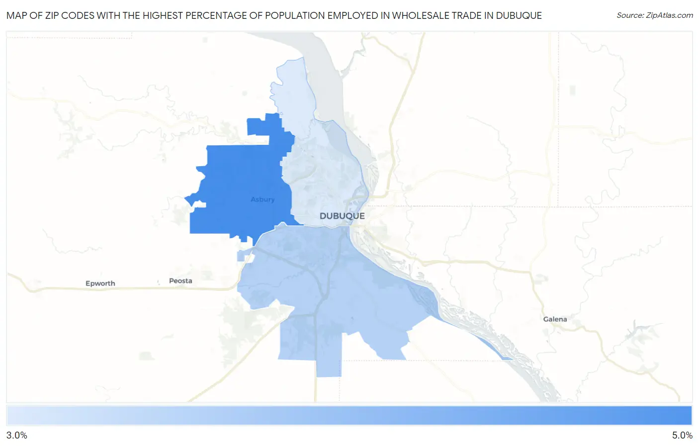 Zip Codes with the Highest Percentage of Population Employed in Wholesale Trade in Dubuque Map