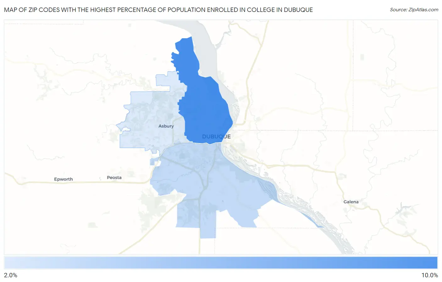 Zip Codes with the Highest Percentage of Population Enrolled in College in Dubuque Map