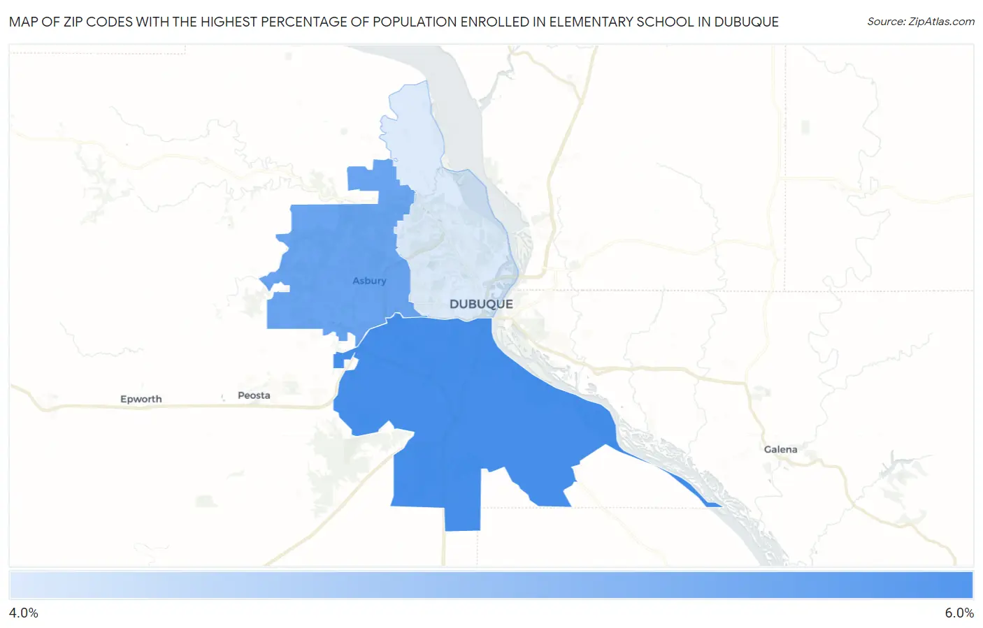 Zip Codes with the Highest Percentage of Population Enrolled in Elementary School in Dubuque Map