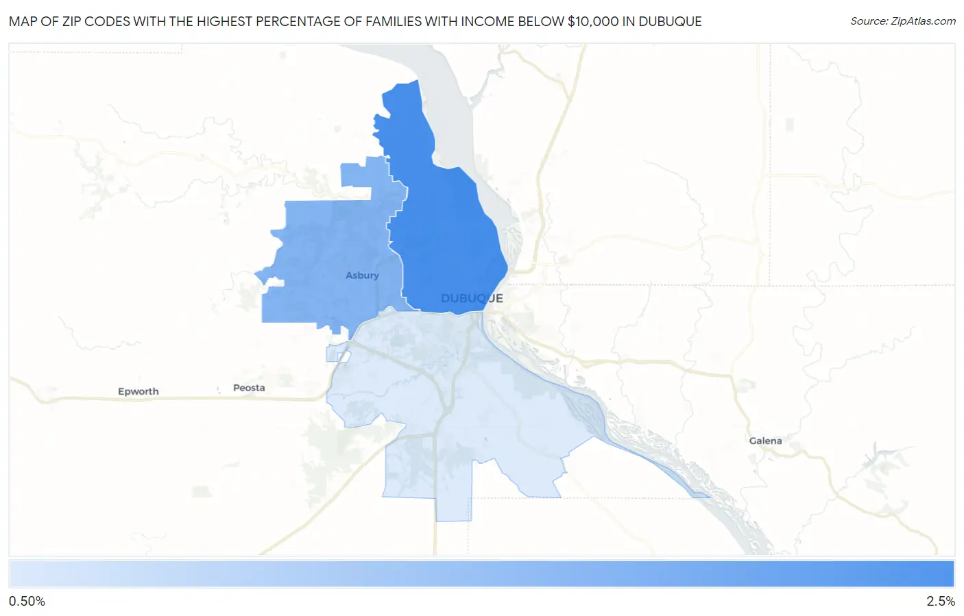 Zip Codes with the Highest Percentage of Families with Income Below $10,000 in Dubuque Map