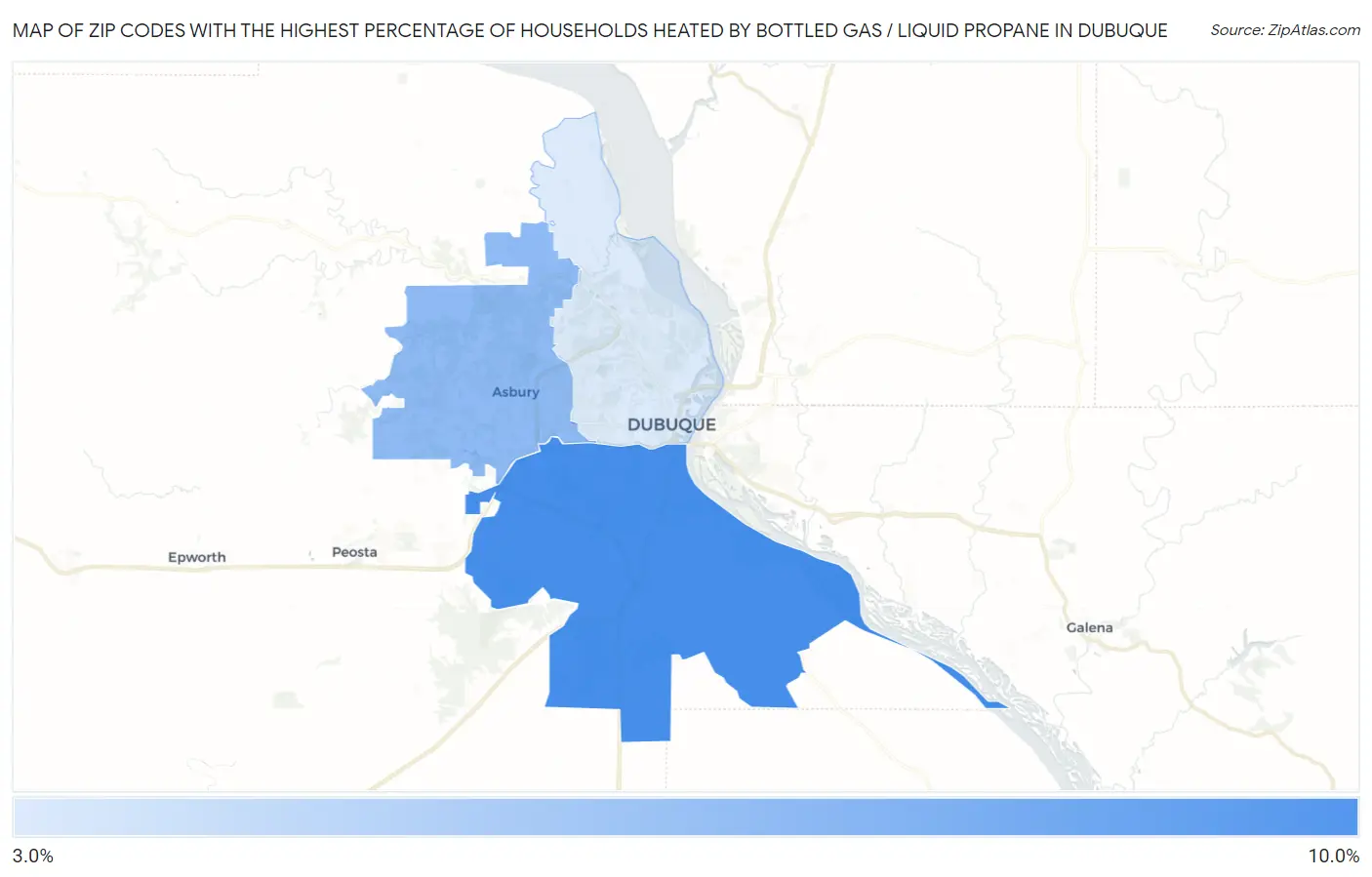 Zip Codes with the Highest Percentage of Households Heated by Bottled Gas / Liquid Propane in Dubuque Map