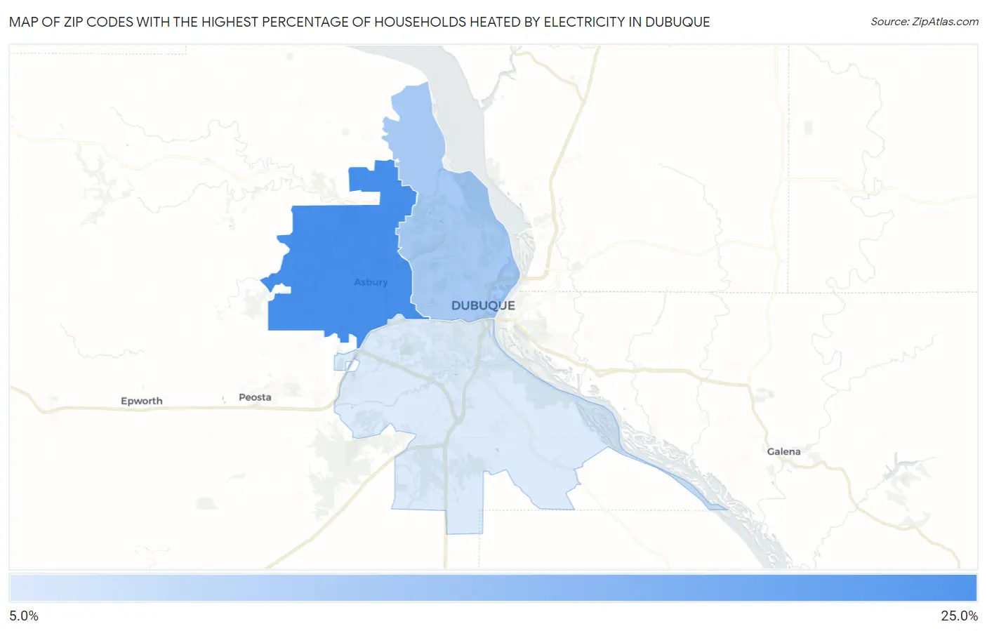 Zip Codes with the Highest Percentage of Households Heated by Electricity in Dubuque Map