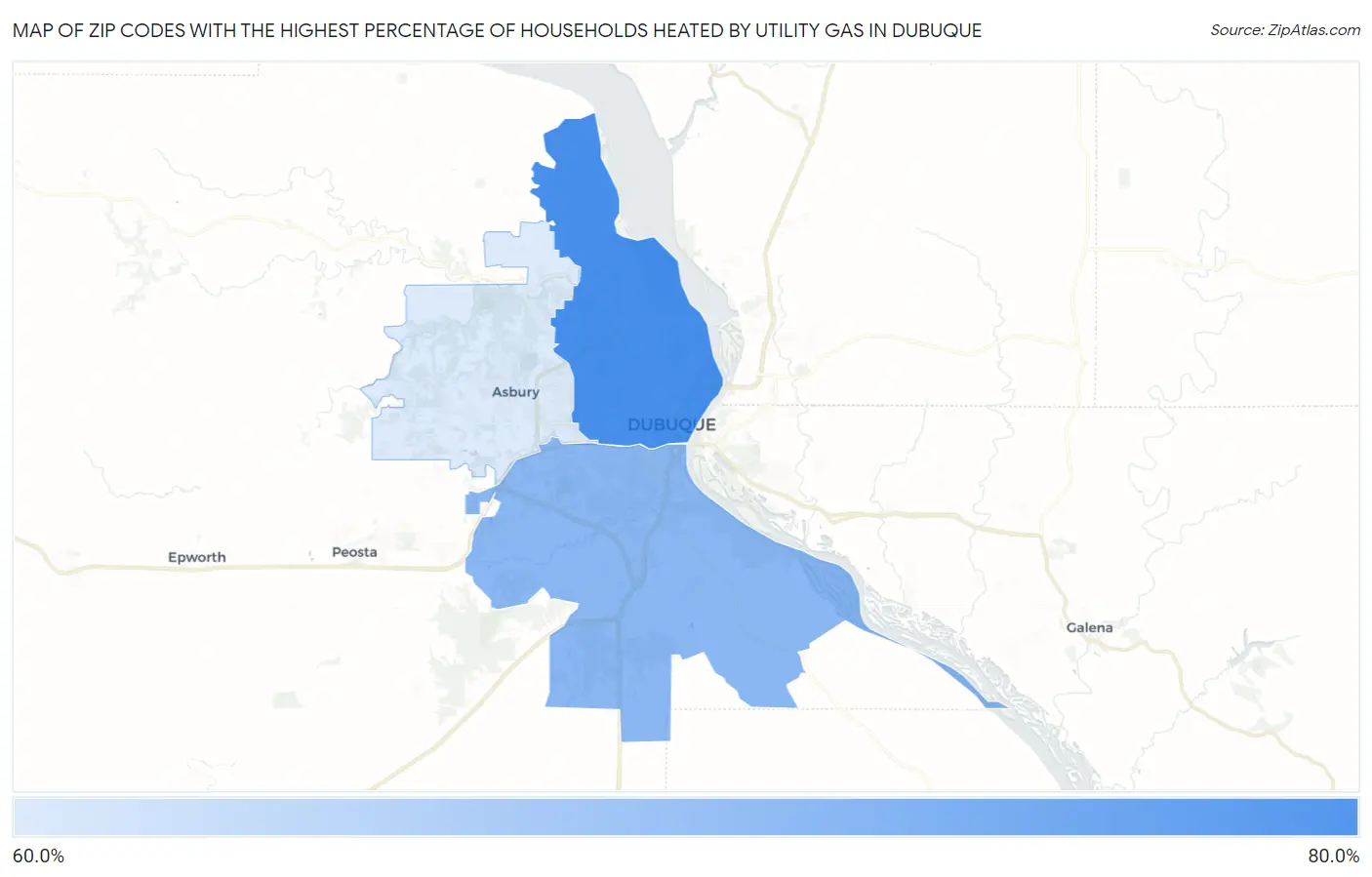Zip Codes with the Highest Percentage of Households Heated by Utility Gas in Dubuque Map