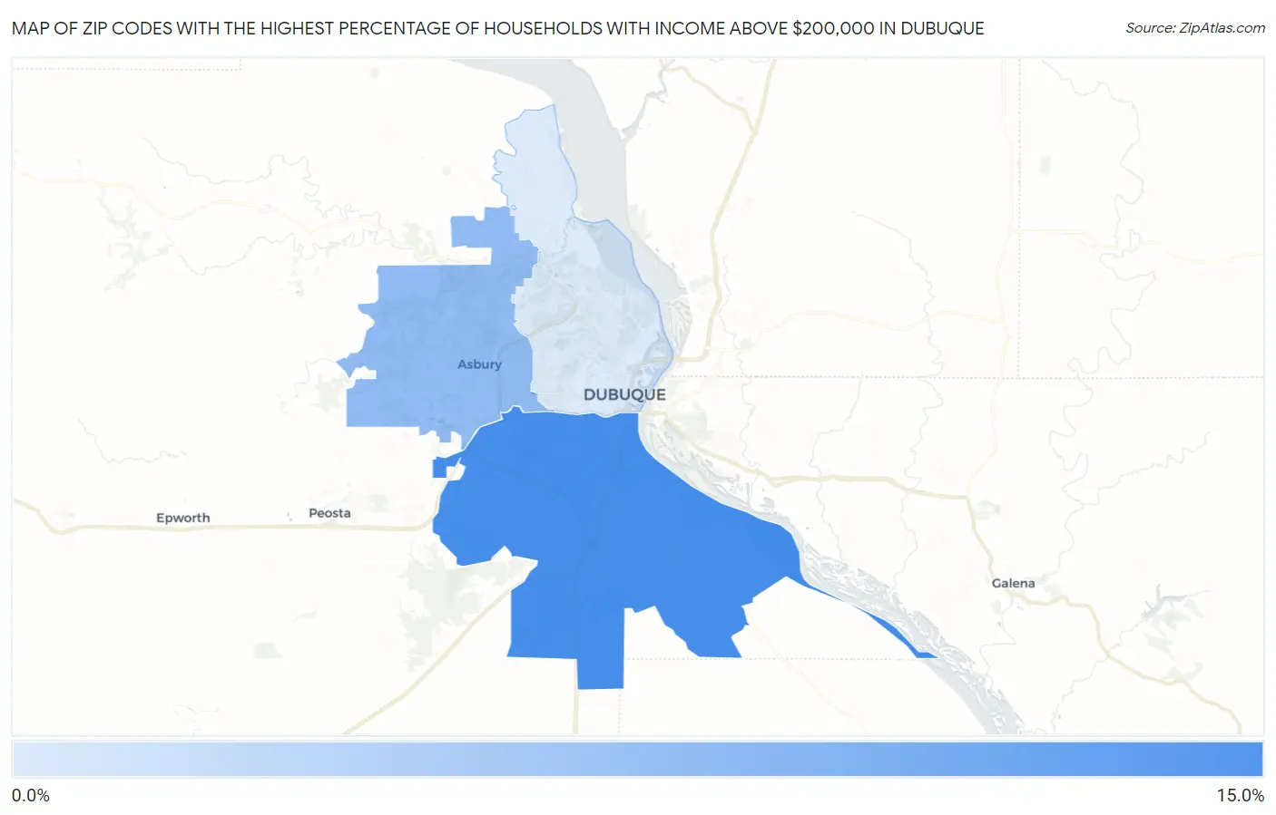 Zip Codes with the Highest Percentage of Households with Income Above $200,000 in Dubuque Map