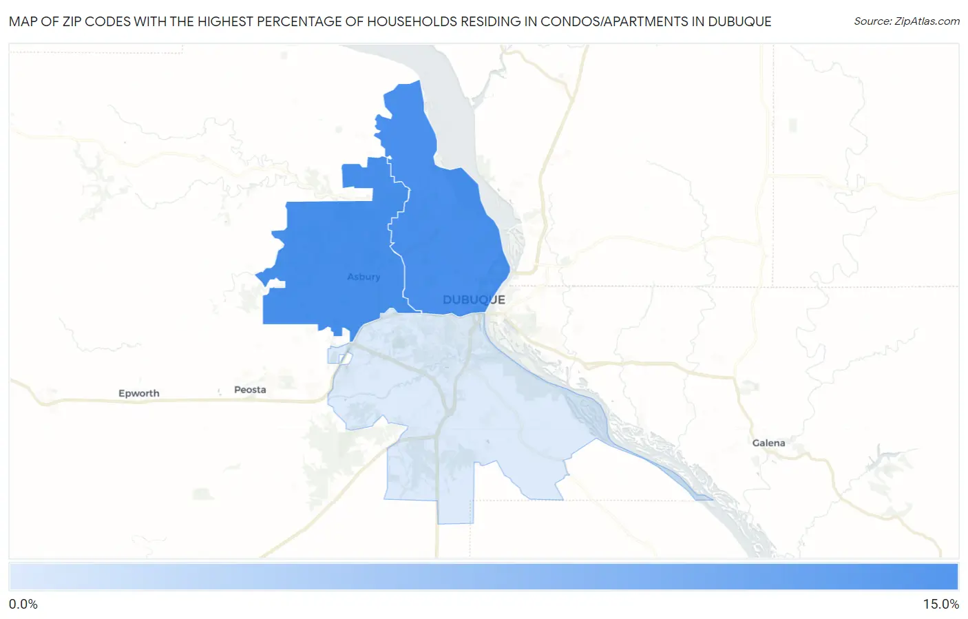 Zip Codes with the Highest Percentage of Households Residing in Condos/Apartments in Dubuque Map