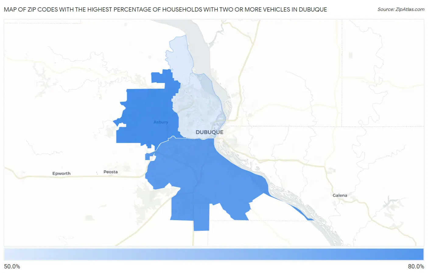 Zip Codes with the Highest Percentage of Households With Two or more Vehicles in Dubuque Map