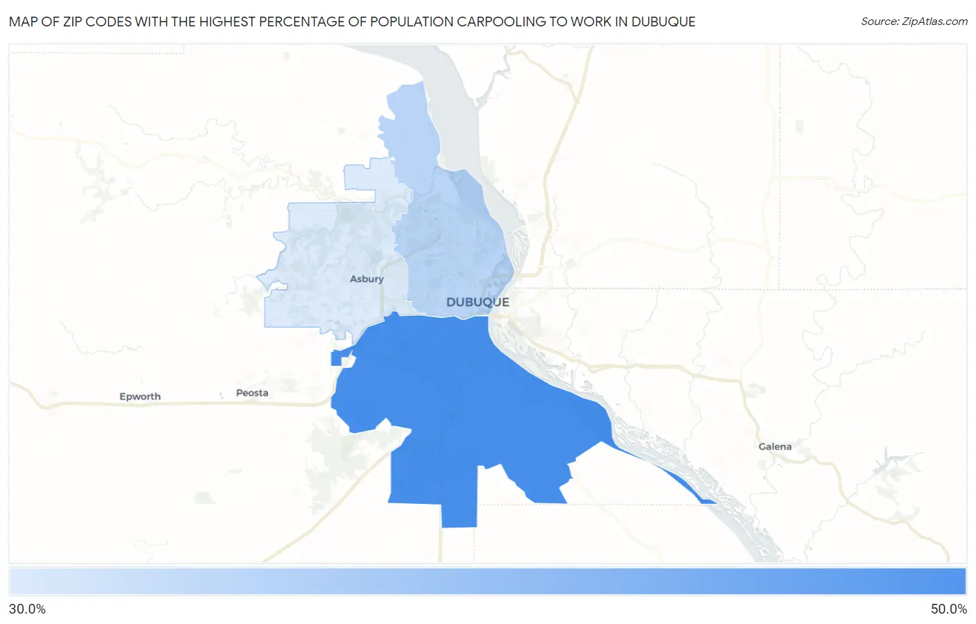 Zip Codes with the Highest Percentage of Population Carpooling to Work in Dubuque Map