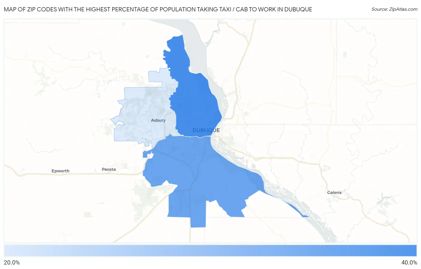 Zip Codes with the Highest Percentage of Population Taking Taxi / Cab to Work in Dubuque Map