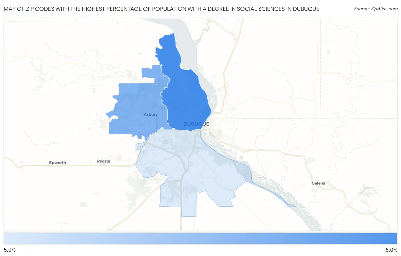 Zip Codes with the Highest Percentage of Population with a Degree in Social Sciences in Dubuque Map
