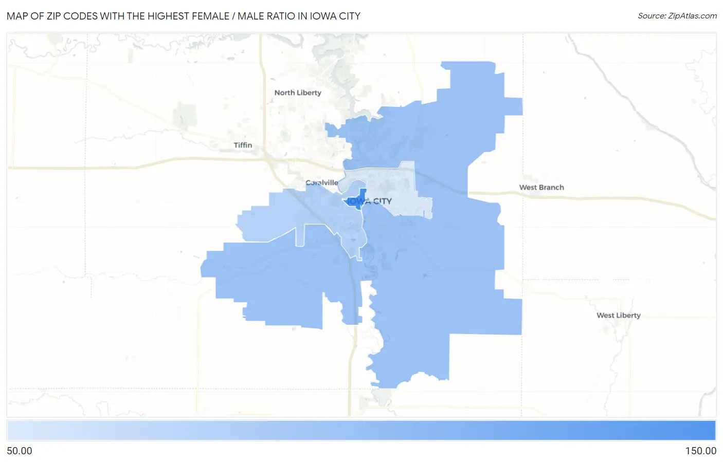 Zip Codes with the Highest Female / Male Ratio in Iowa City Map