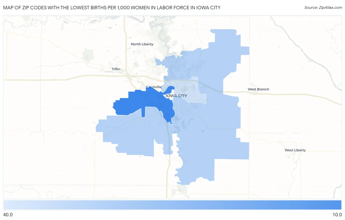 Zip Codes with the Lowest Births per 1,000 Women in Labor Force in Iowa City Map